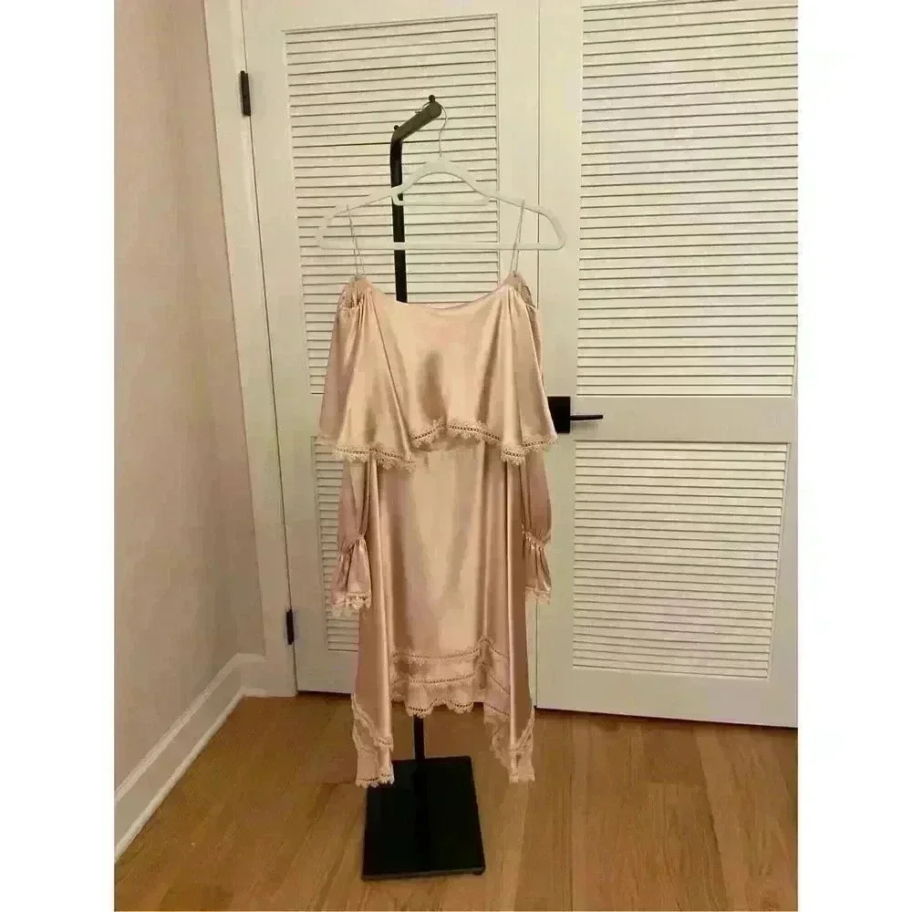 Jonathan Simkhai Off-the-Shoulder Long-Sleeve Fluid Sateen Short Dress, Size 4 - Picture 2 of 3